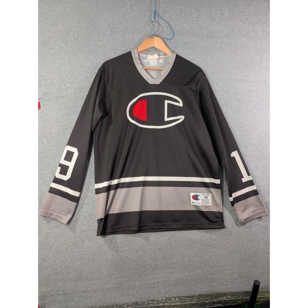 VTG Champion Big C Hockey Jersey Size‎ 40 M Black Gray #19 Long Sleeve 90s Y2K